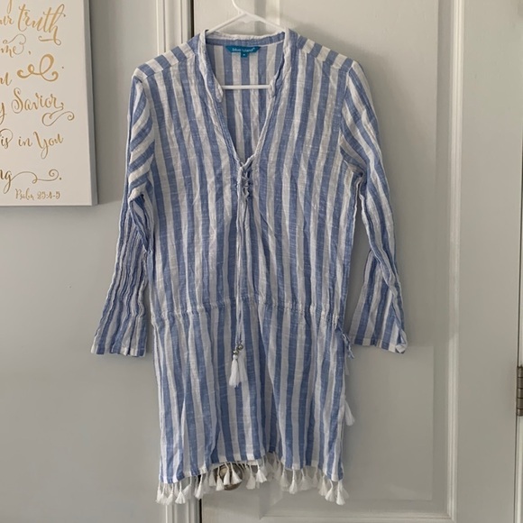 Blue‎ Island blue/white striped fringe cover up, M - Picture 1 of 11